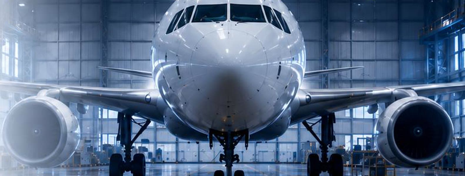 Aircraft nose under hangar lighting during a scheduled check